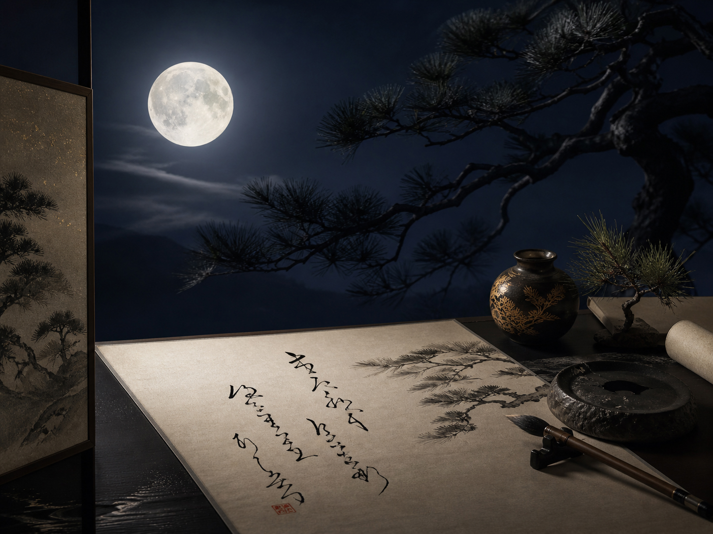 満月、松、筆、墨、短冊を配した俳句的な夜の情景