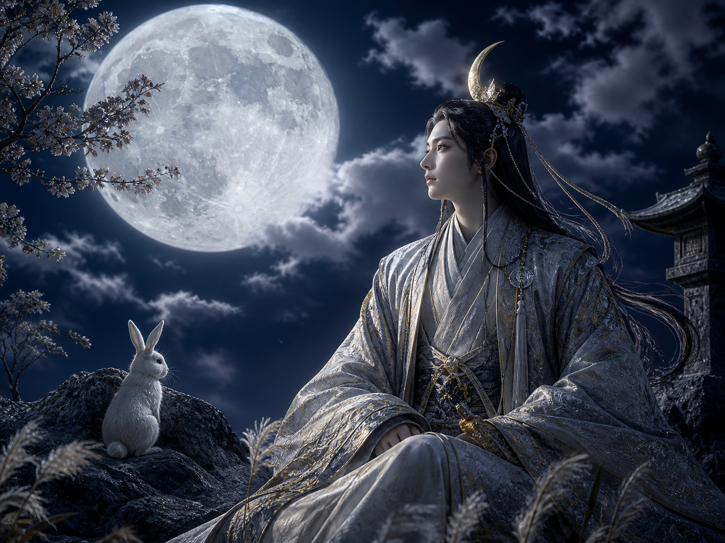 月読命、月の兎、夜の森、満月を象徴する日本神話風の月の情景