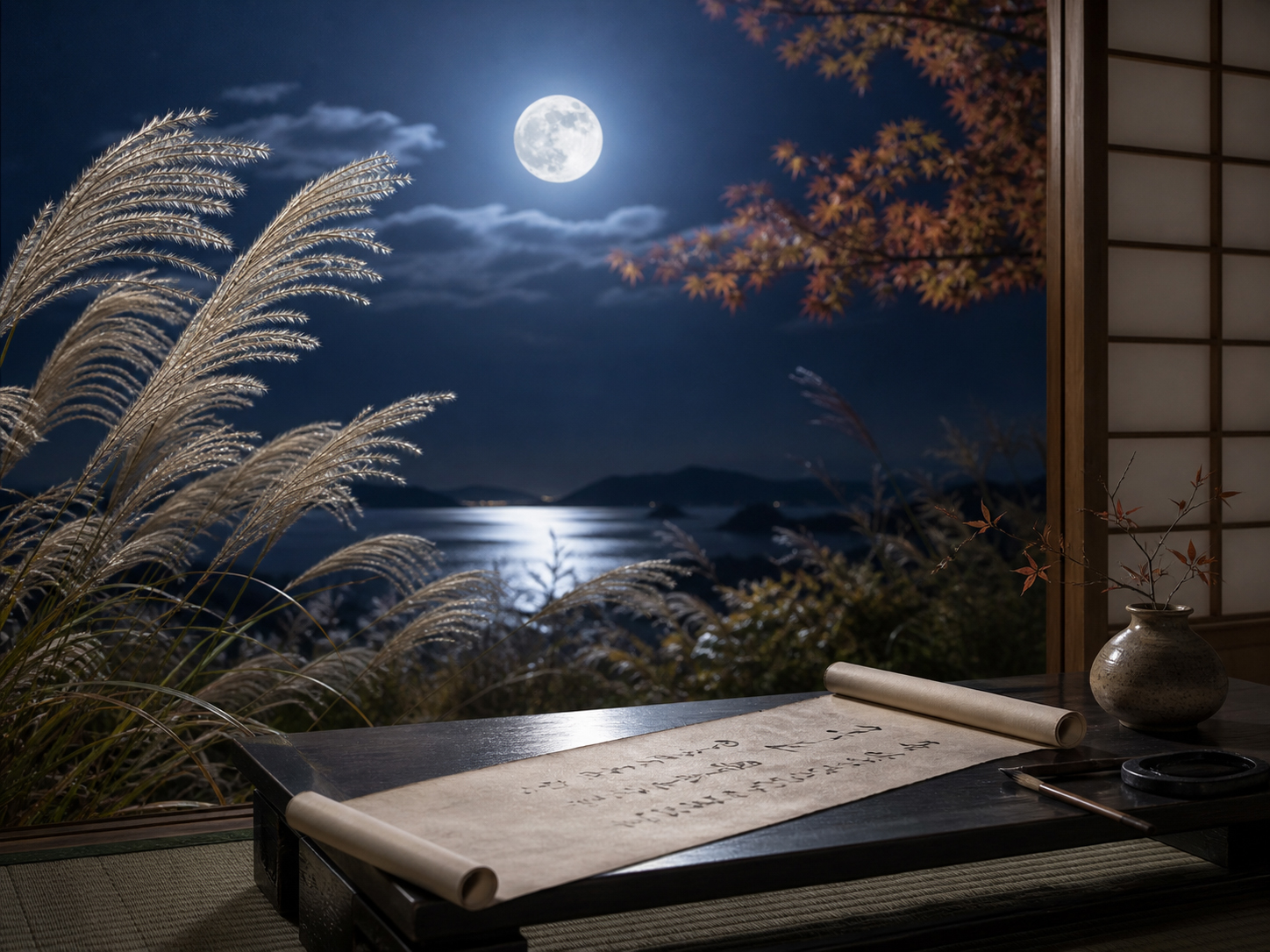 すすき、巻物、秋の満月を配した和歌的な夜の情景