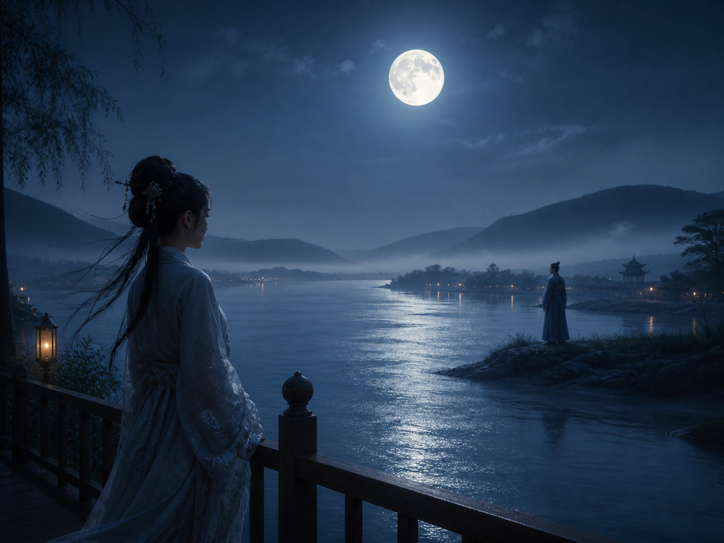満月の下、川を隔てて離れた恋人たちを象徴する日本的な夜景