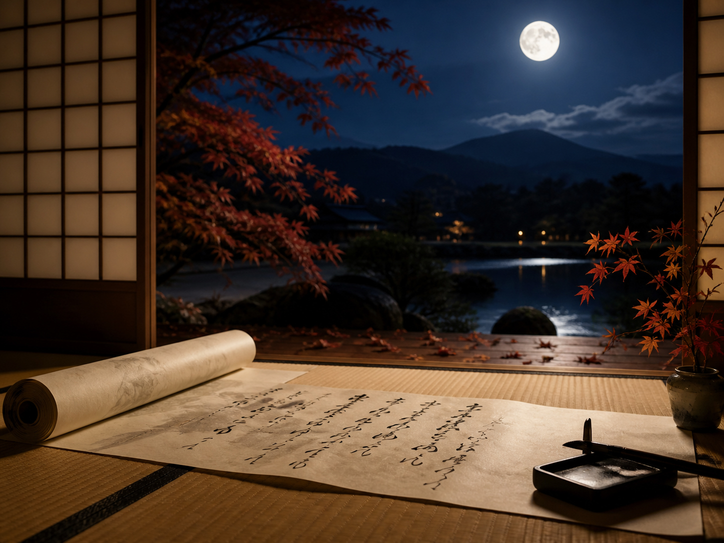 満月、和歌の巻物、筆、秋草を配した日本的な夜の編集的情景