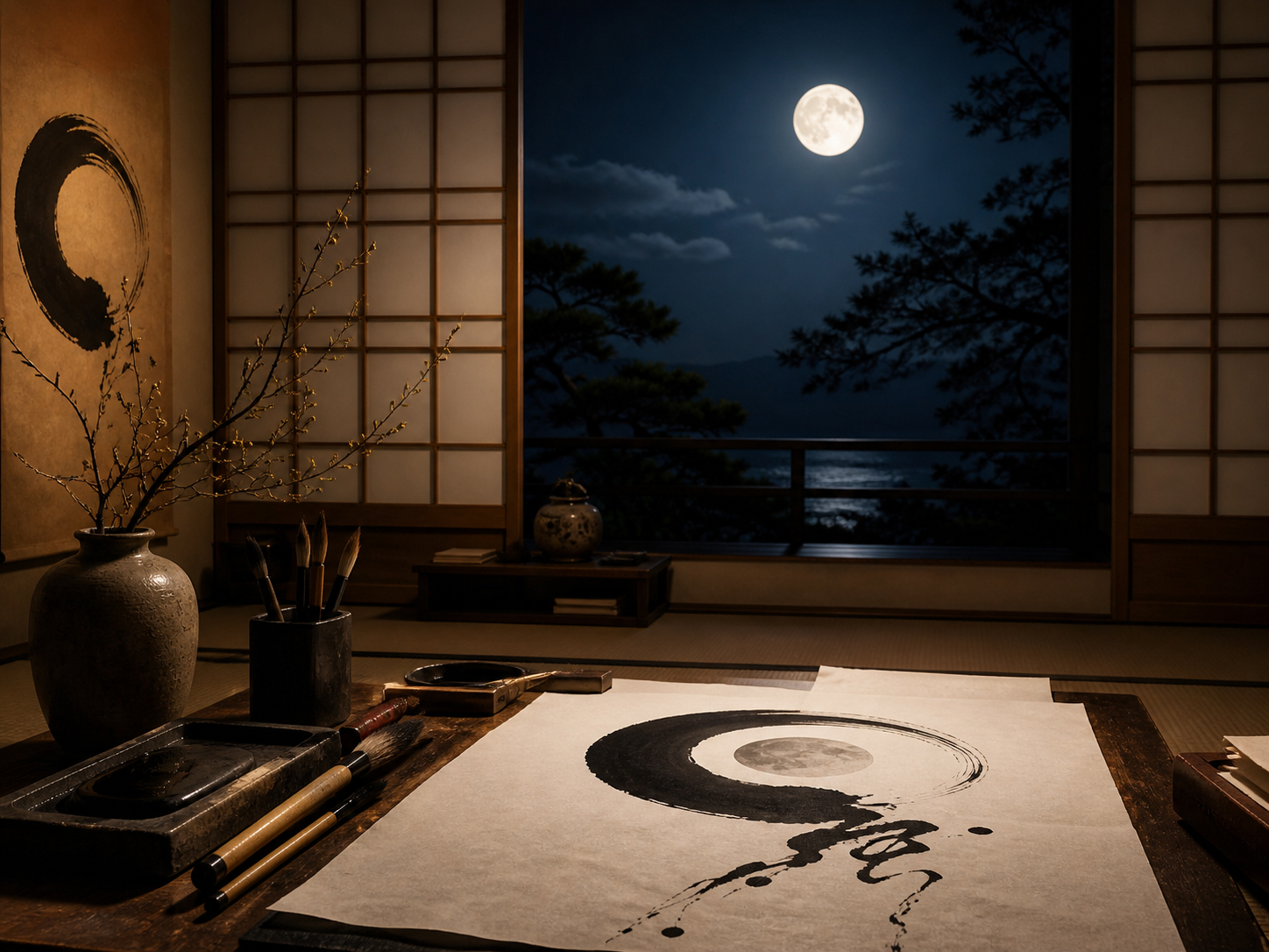 月の日本語、筆、和紙、満月、編集原稿を重ねたMoon.co.jpの文体を象徴する画像
