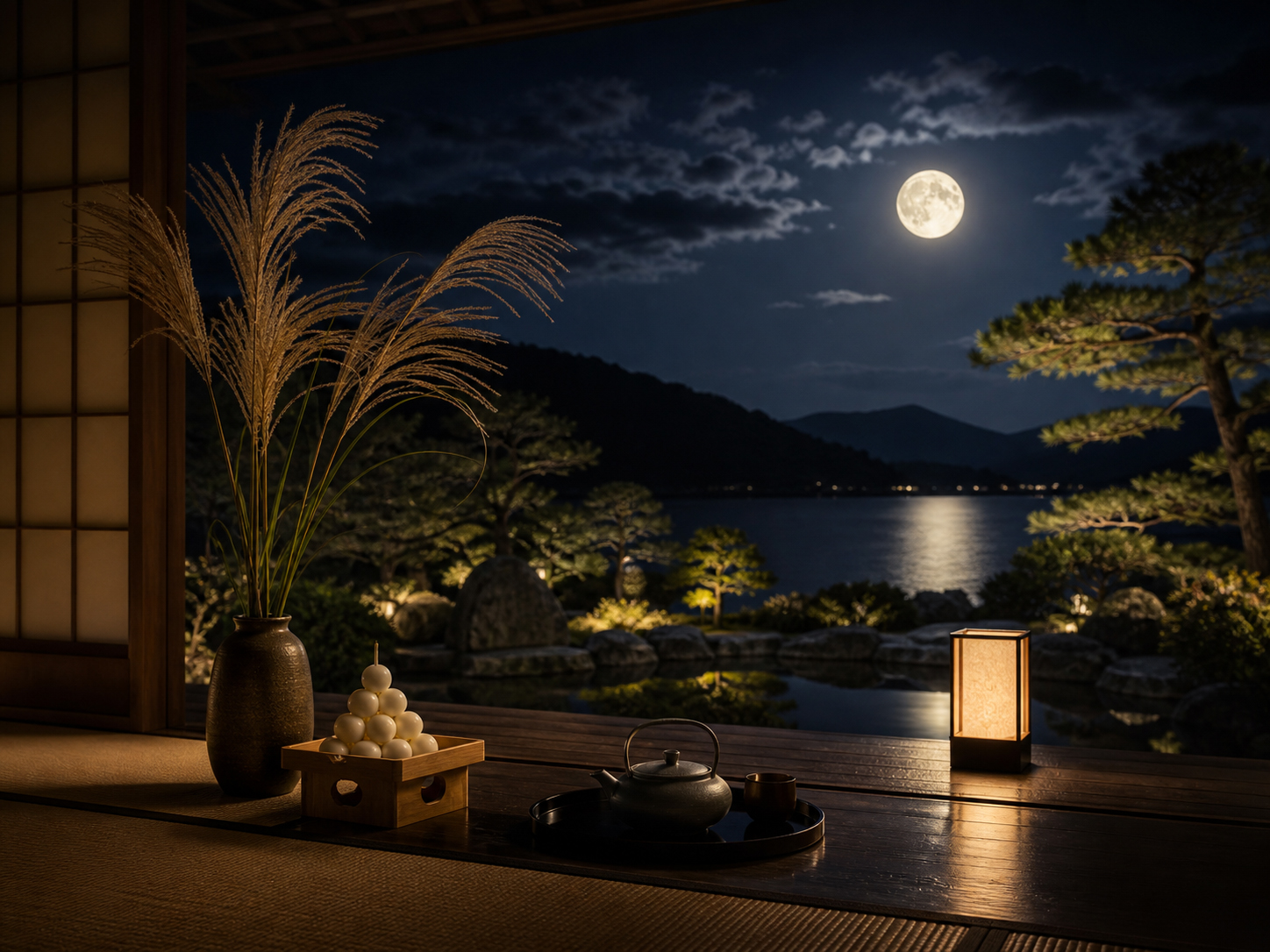 満月、月見団子、すすき、静かな縁側、日本人の心を象徴する夜の情景