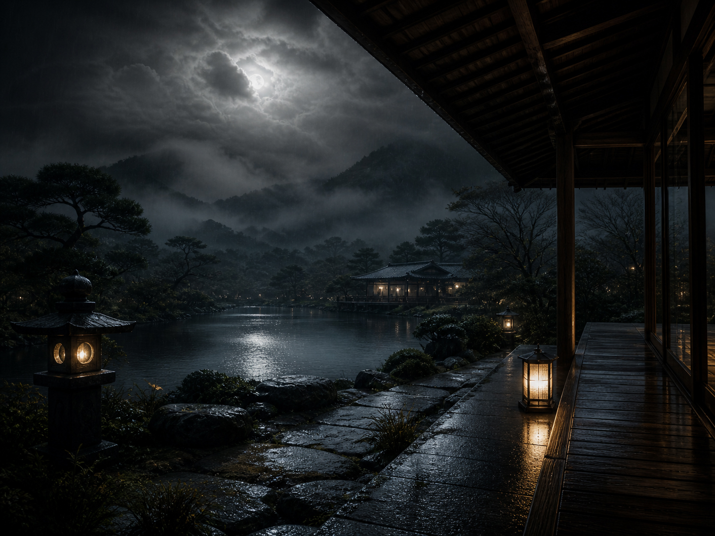 雲と雨で満月が見えない夜、月見団子とすすきが静かに置かれた無月・雨月の情景