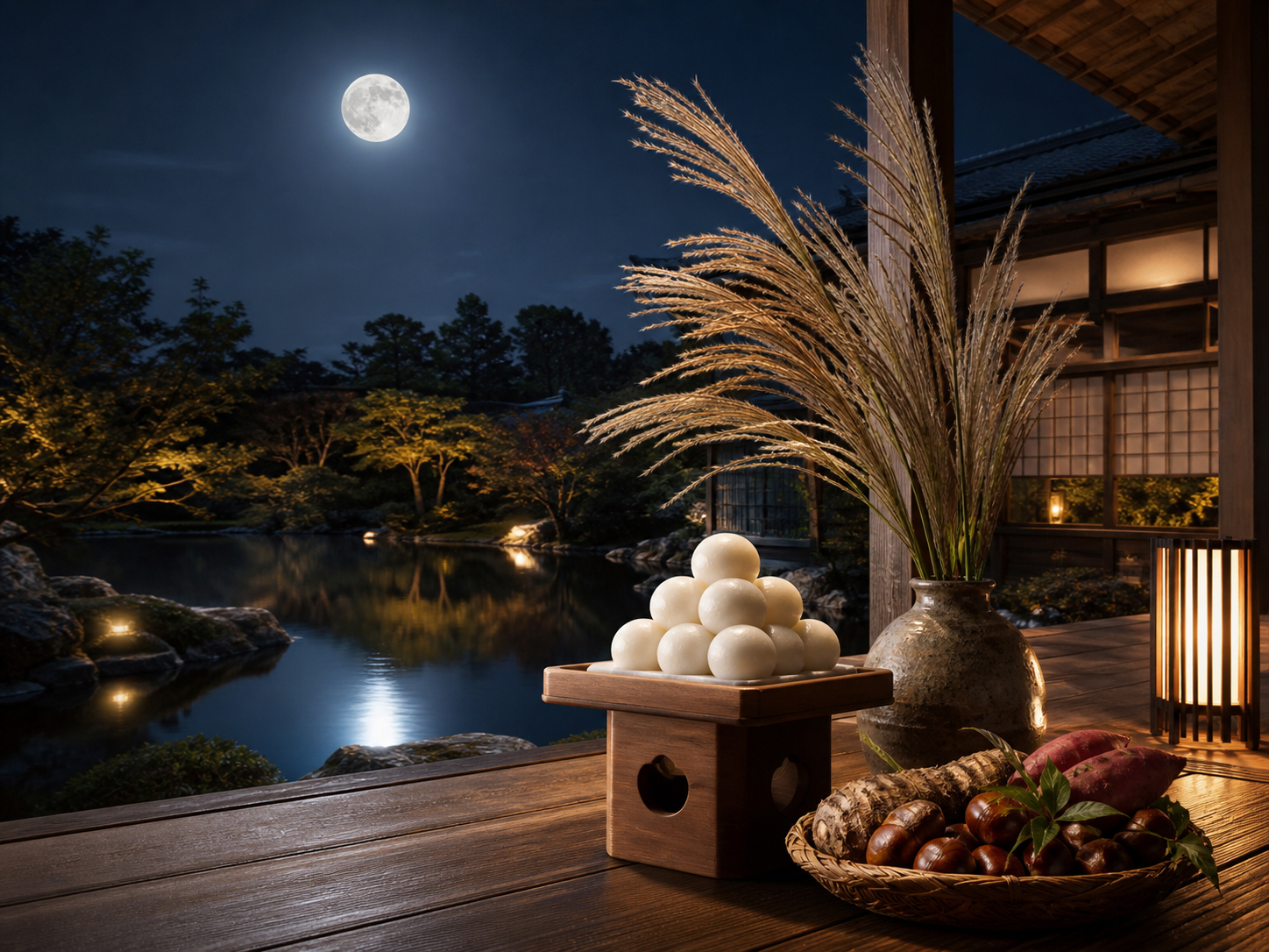 満月へ月見団子、すすき、秋の実りを供える静かな日本の月見の情景