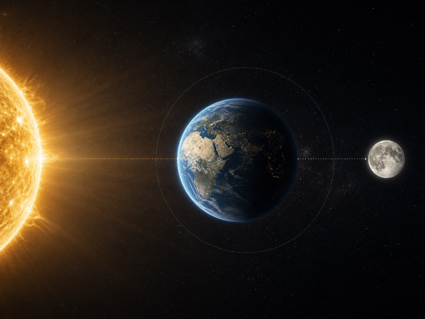 太陽・地球・月の配置によって満月が見える仕組みと、月面地質を重ねた科学的ビジュアル