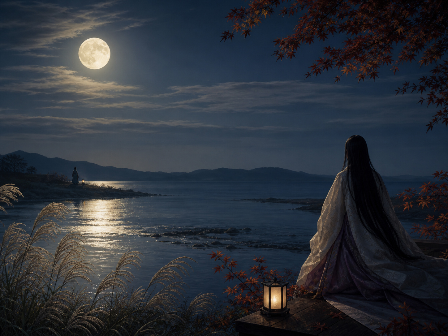 満月の下、離れた二人が同じ月を思う和歌的な秋の夜の情景
