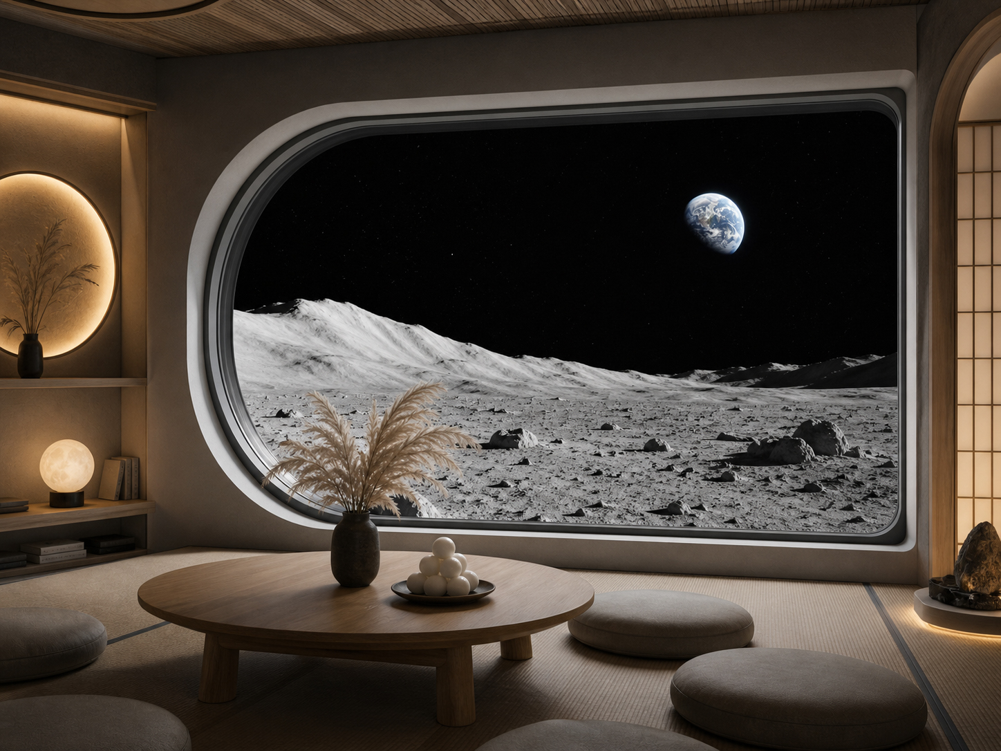 月面居住施設の窓から青い地球の出を眺める宇宙飛行士の静かな情景