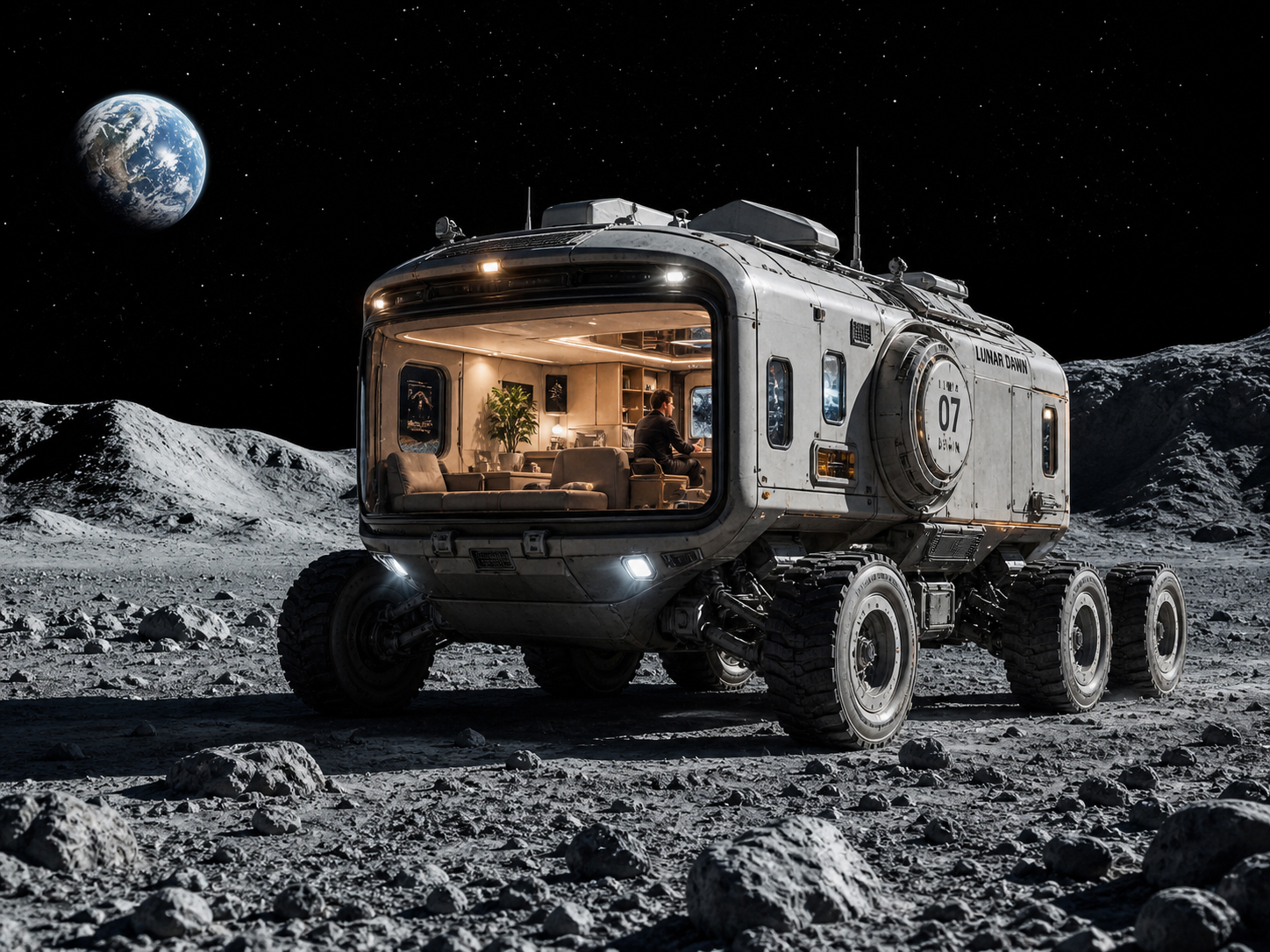 月面を走る与圧ローバーの内部に宇宙飛行士が滞在する、走る家としてのローバーのビジュアル