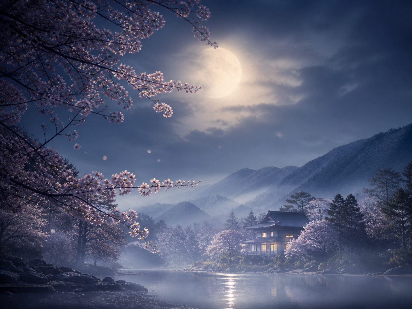 春霞ににじむ朧月、柔らかな夜の空気を描いた日本的ビジュアル