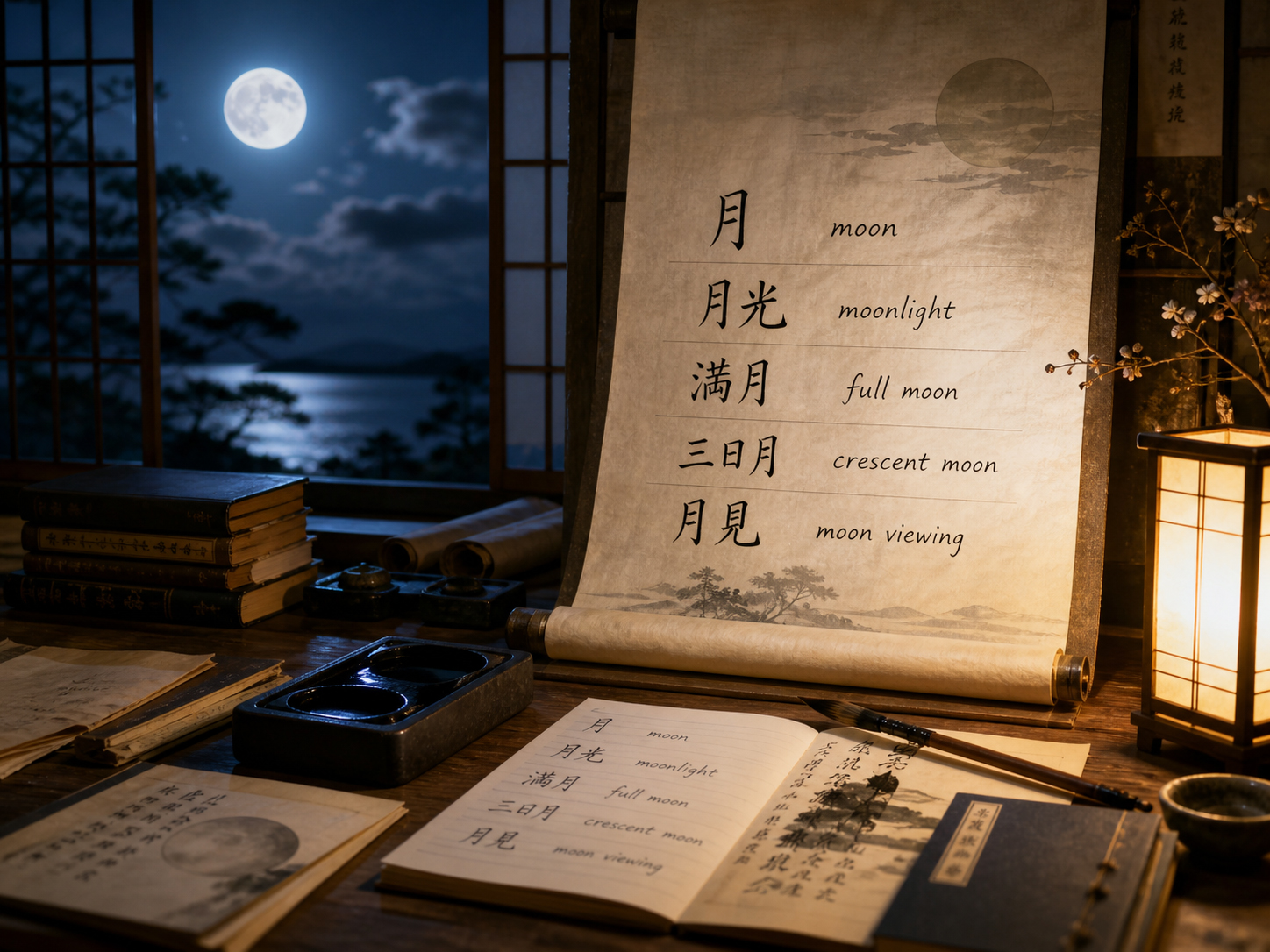 日本語の月語彙と英語訳の間にある余白を、巻物と満月で表現したビジュアル