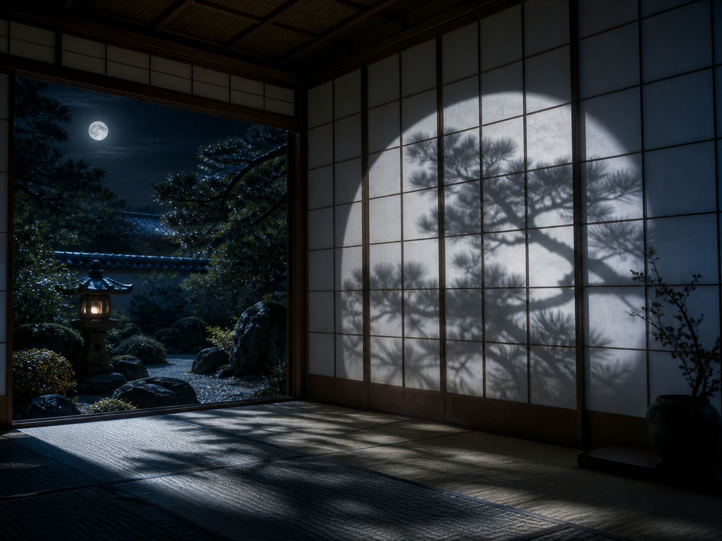 障子、庭石、松の枝に落ちる月影を描いた静かな日本の夜の情景