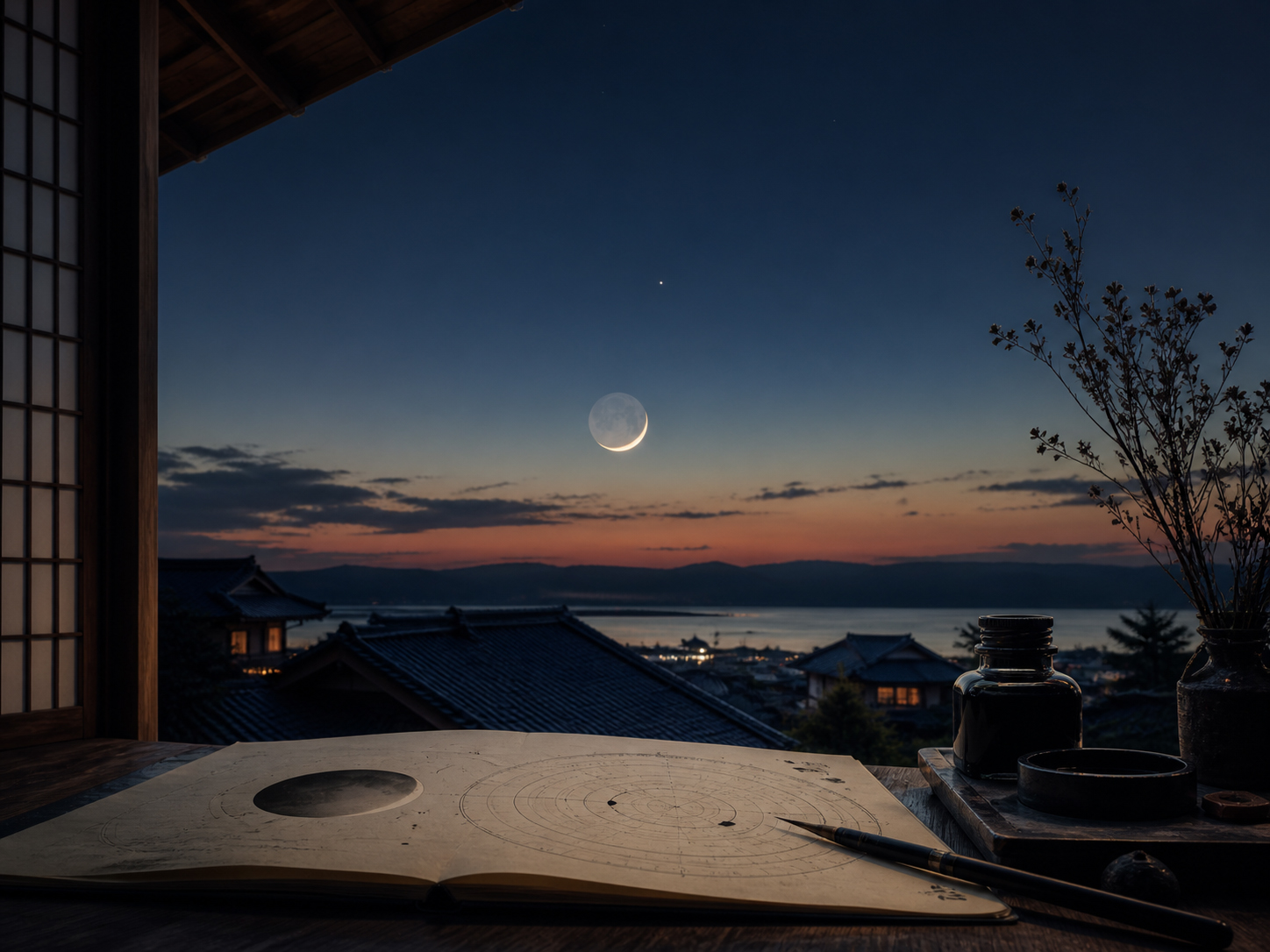 夕方の西空に細い三日月が現れ、旧暦の始まりを告げる情景