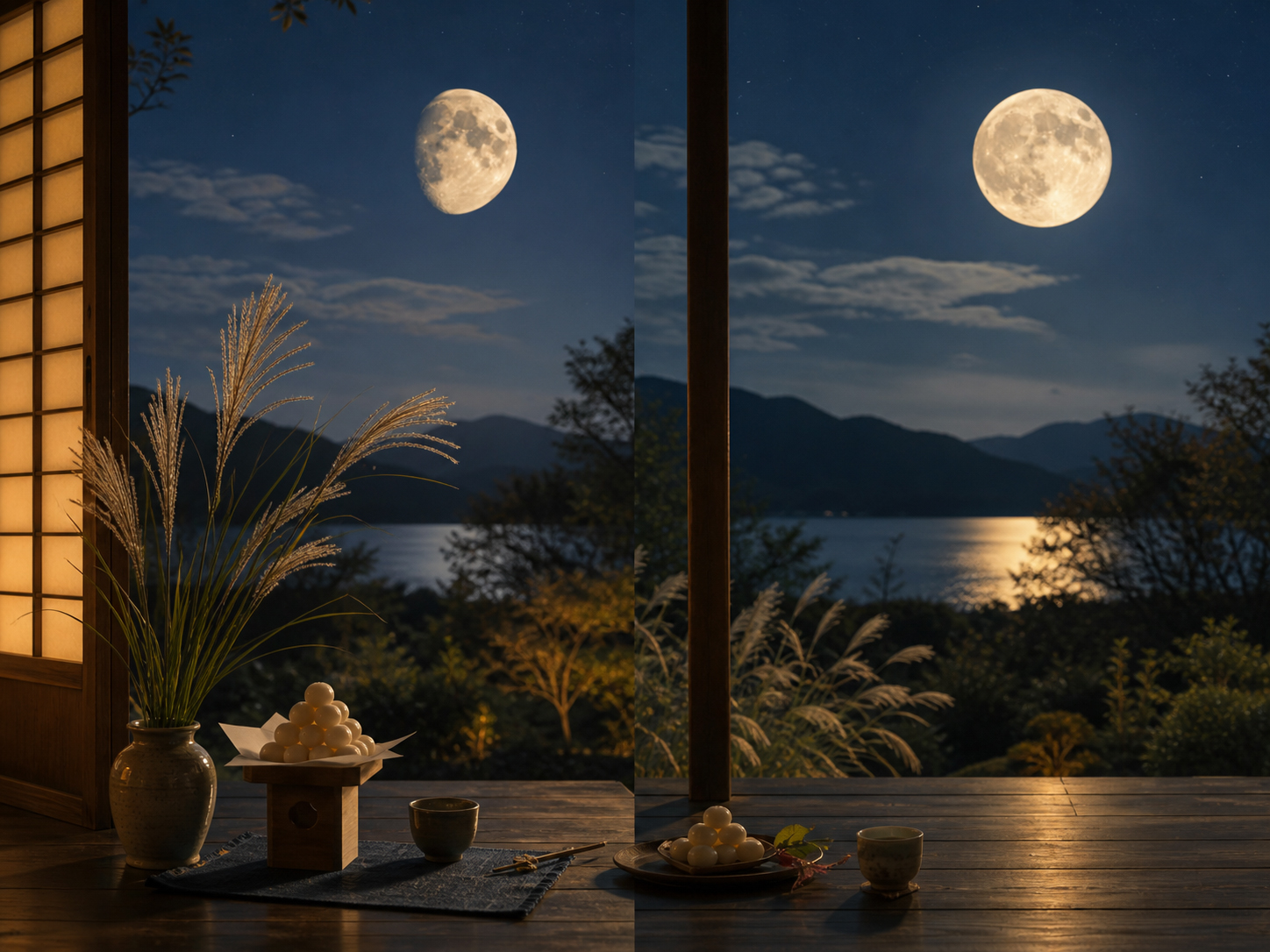 十三夜から十五夜へ、満ちていく月と月見団子、すすきを描いた時間の流れ