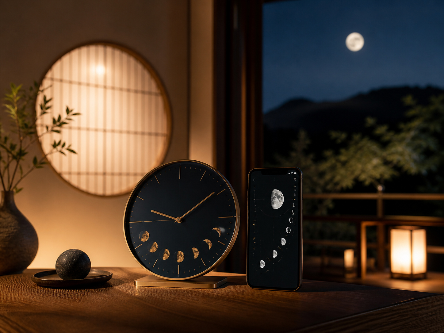 スマートフォンの時刻表示と夜空の月相を重ね、現代の時計時間と月の時間を対比するビジュアル