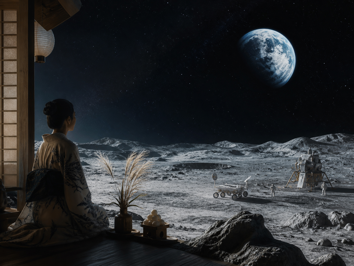 満月、青い地球、月見の縁側、和歌、月面探査機、月の南極を一つに重ねたMoon Magazine創刊号の表紙ビジュアル