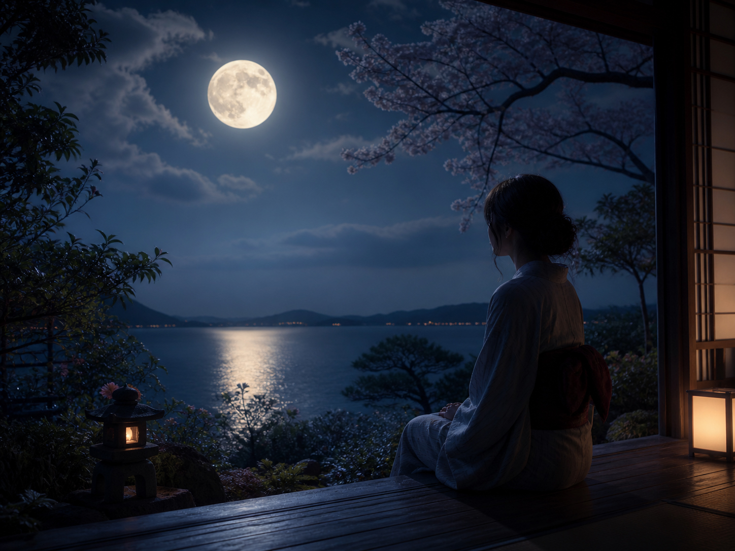 満月の下、静かな人影と記憶の断片が重なる私的な月の情景