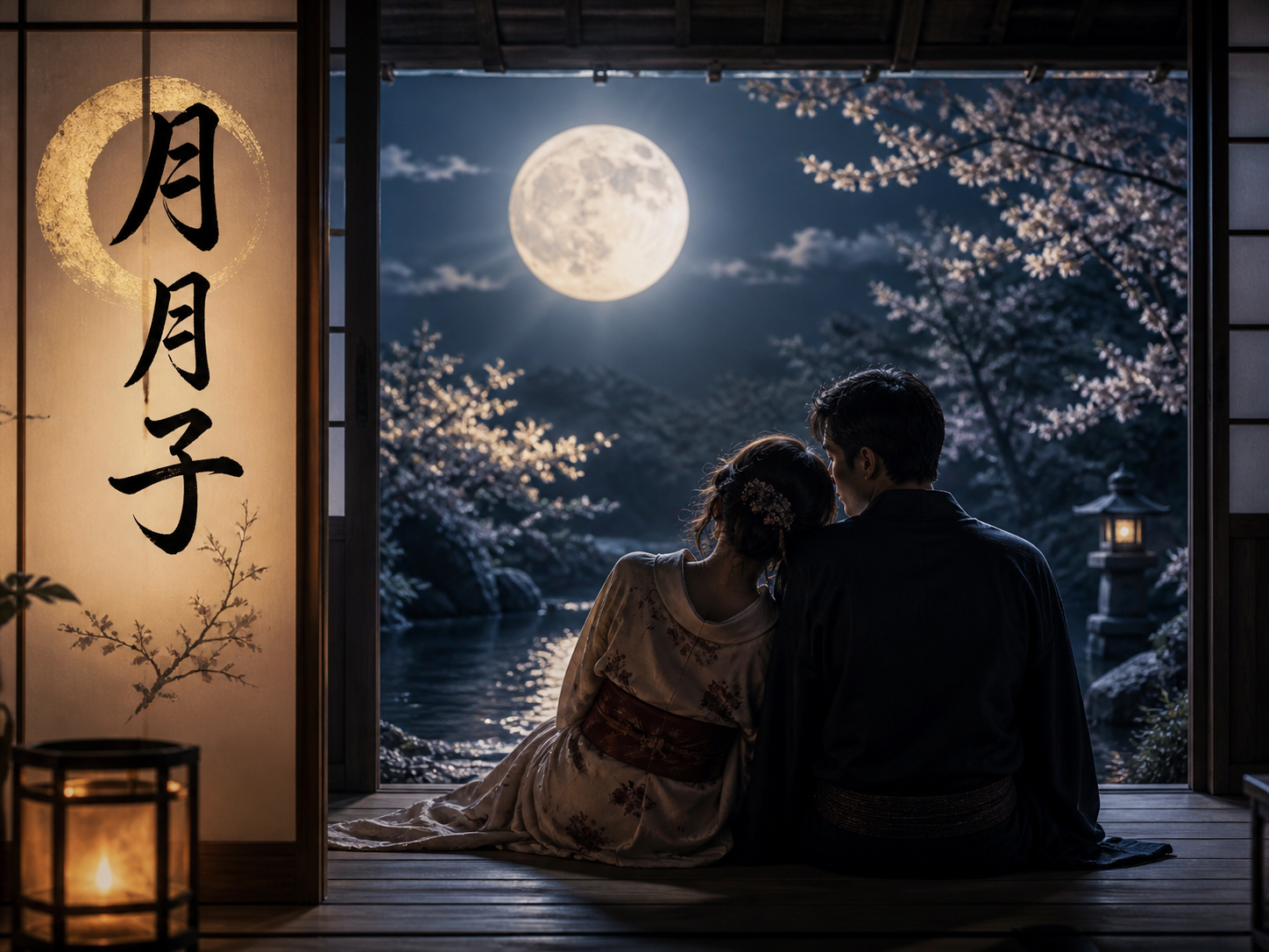 満月、月月子の書、静かな夜の縁側、私的な愛の記憶を象徴するMoon.co.jp特集ビジュアル