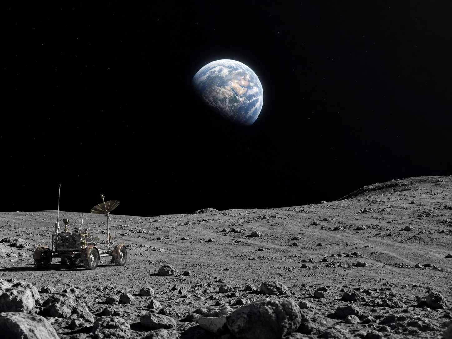 月面から青い地球を見上げ、未来の地球見をする宇宙飛行士の静かな情景