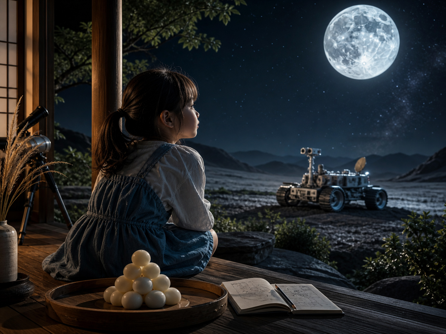 子どもが月見団子、月の兎、ローバー模型、月面地図を通じて月を学ぶ教育的ビジュアル
