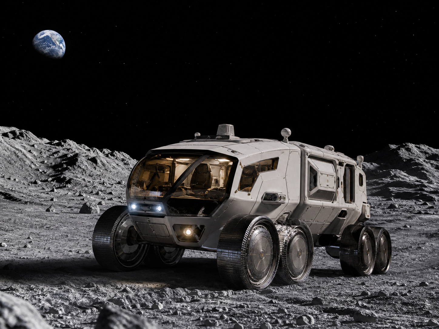 日本の与圧ローバーが月面を走り、宇宙飛行士が車内で活動するアルテミス時代のビジュアル