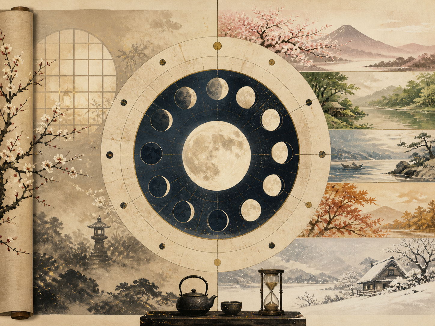 旧暦、月齢、十五夜、十六夜、有明の月を一つの時間の流れとして示す編集ビジュアル