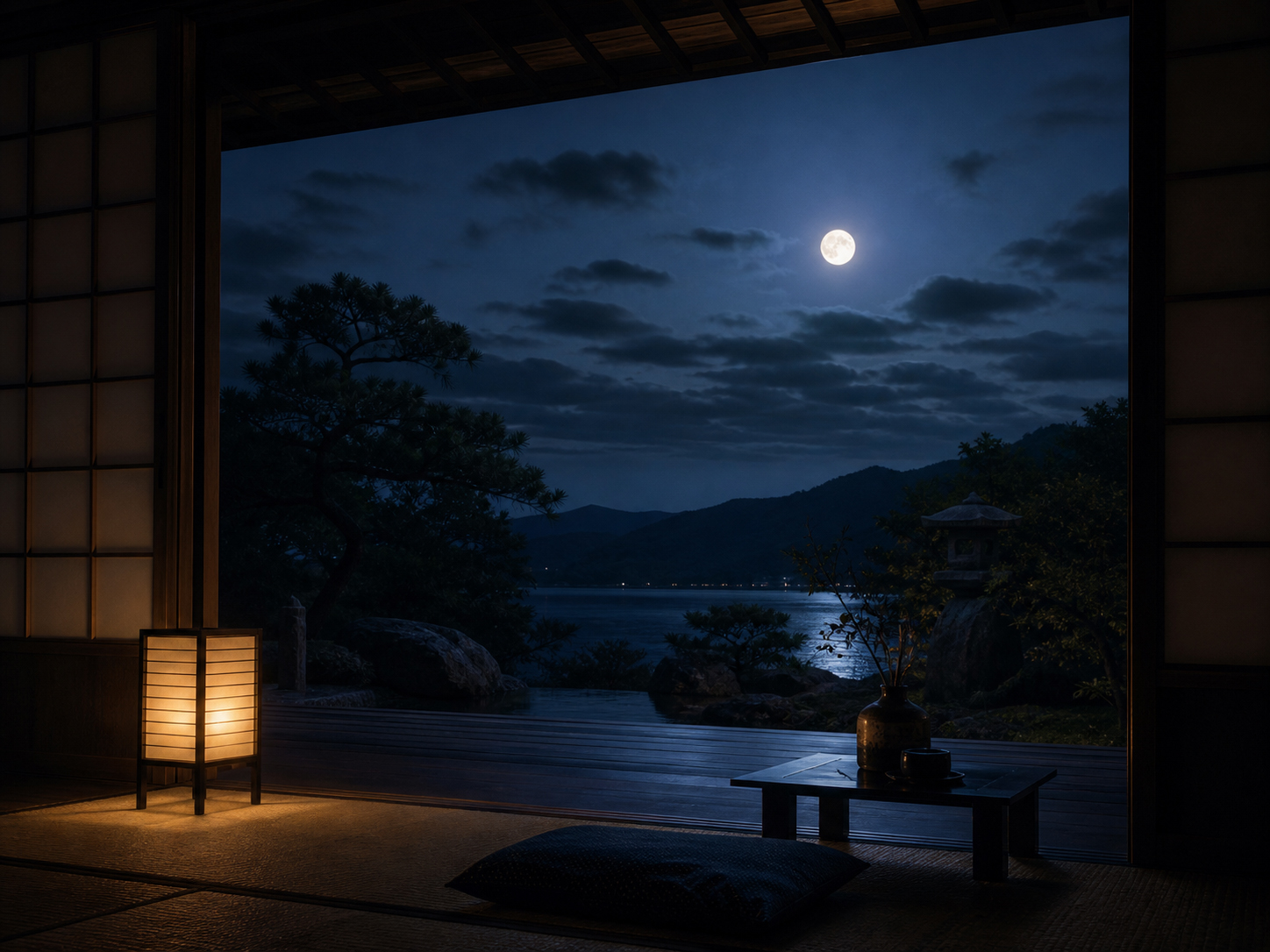 満月の下、言葉を減らして静かに月を見る人々の情景