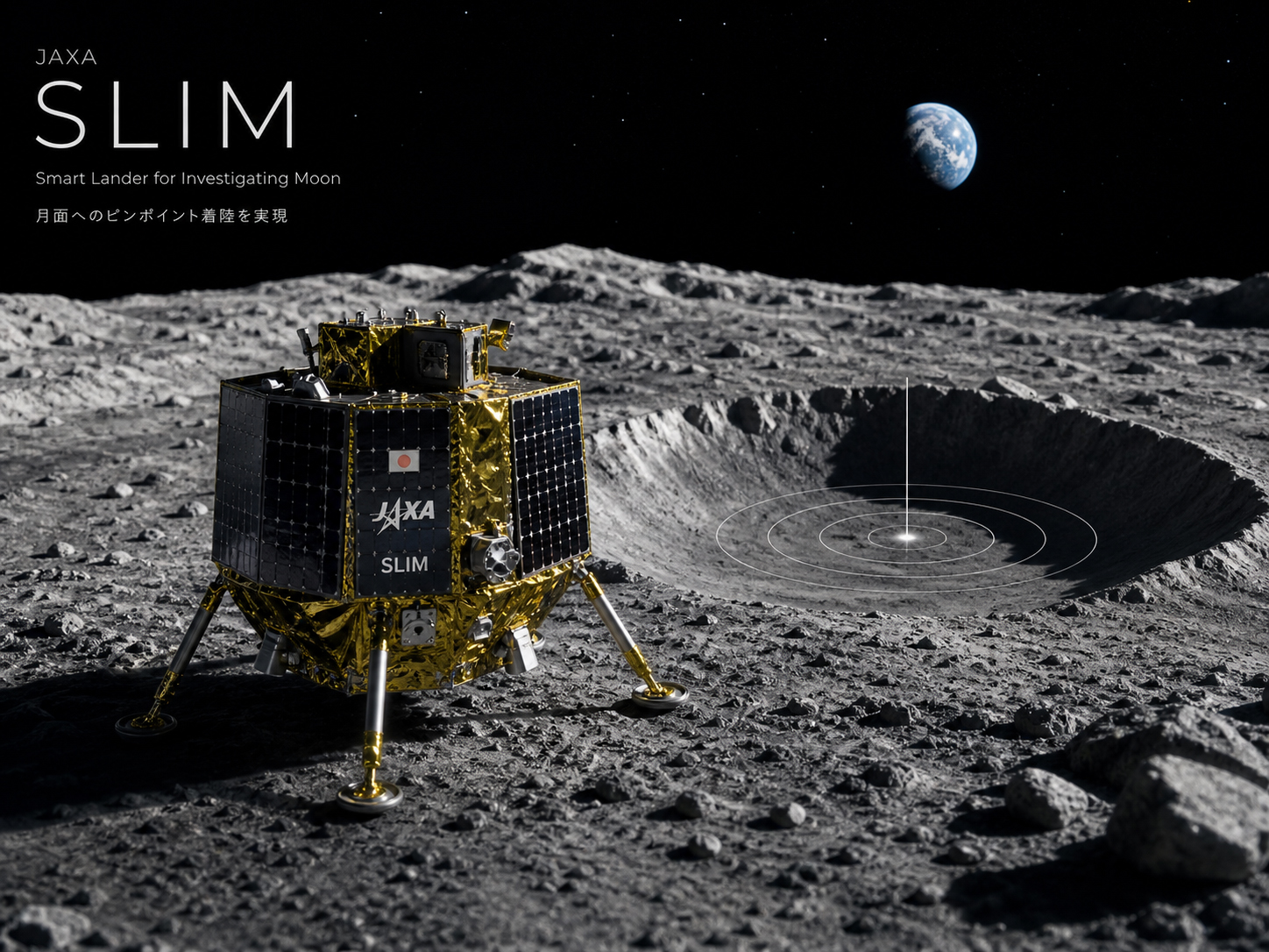 月面に着陸したSLIMを象徴する小型探査機、暗い宇宙、月面の岩石を描いた編集的ビジュアル