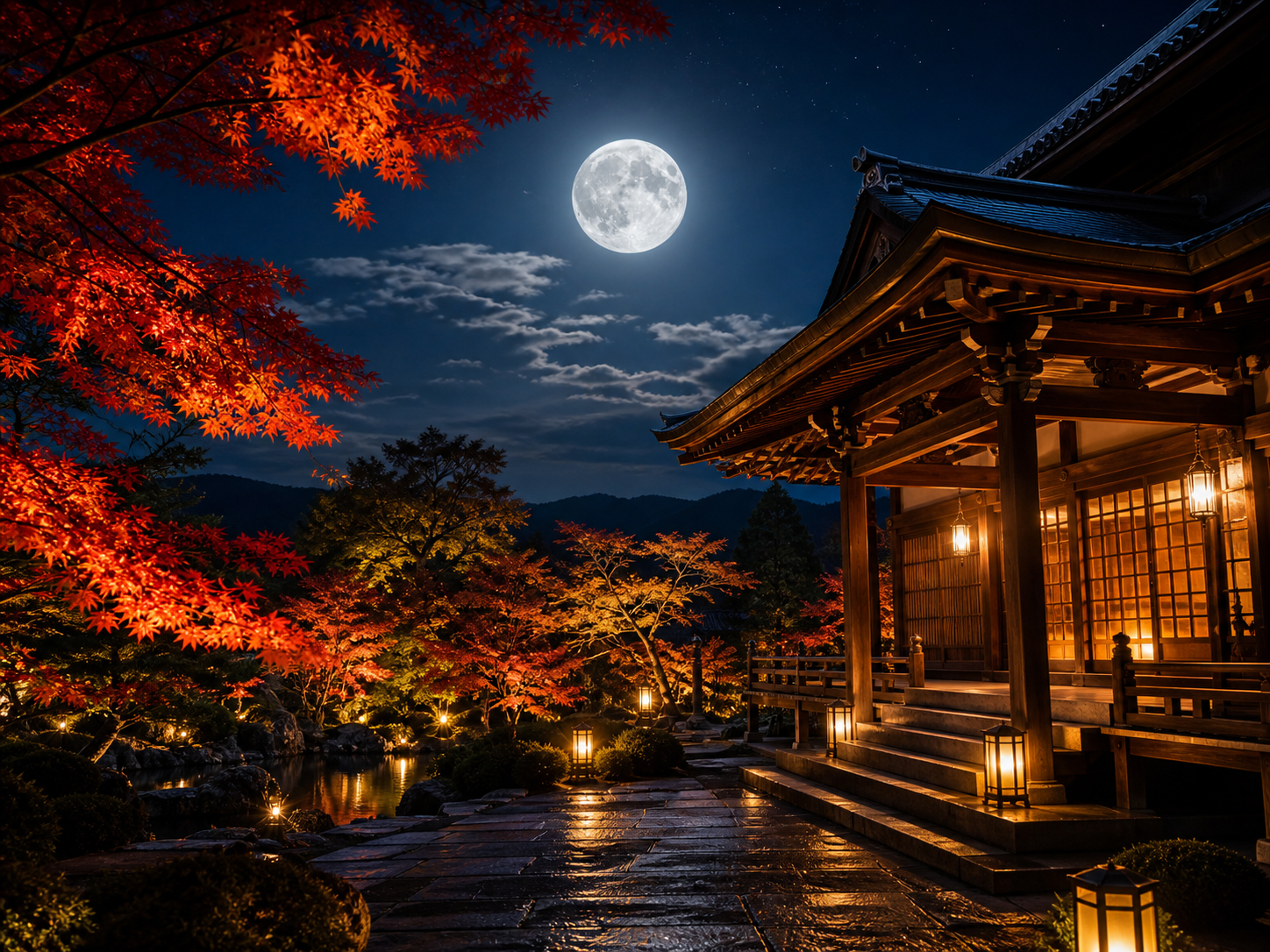 京都の寺院と紅葉、夜空に浮かぶ満月