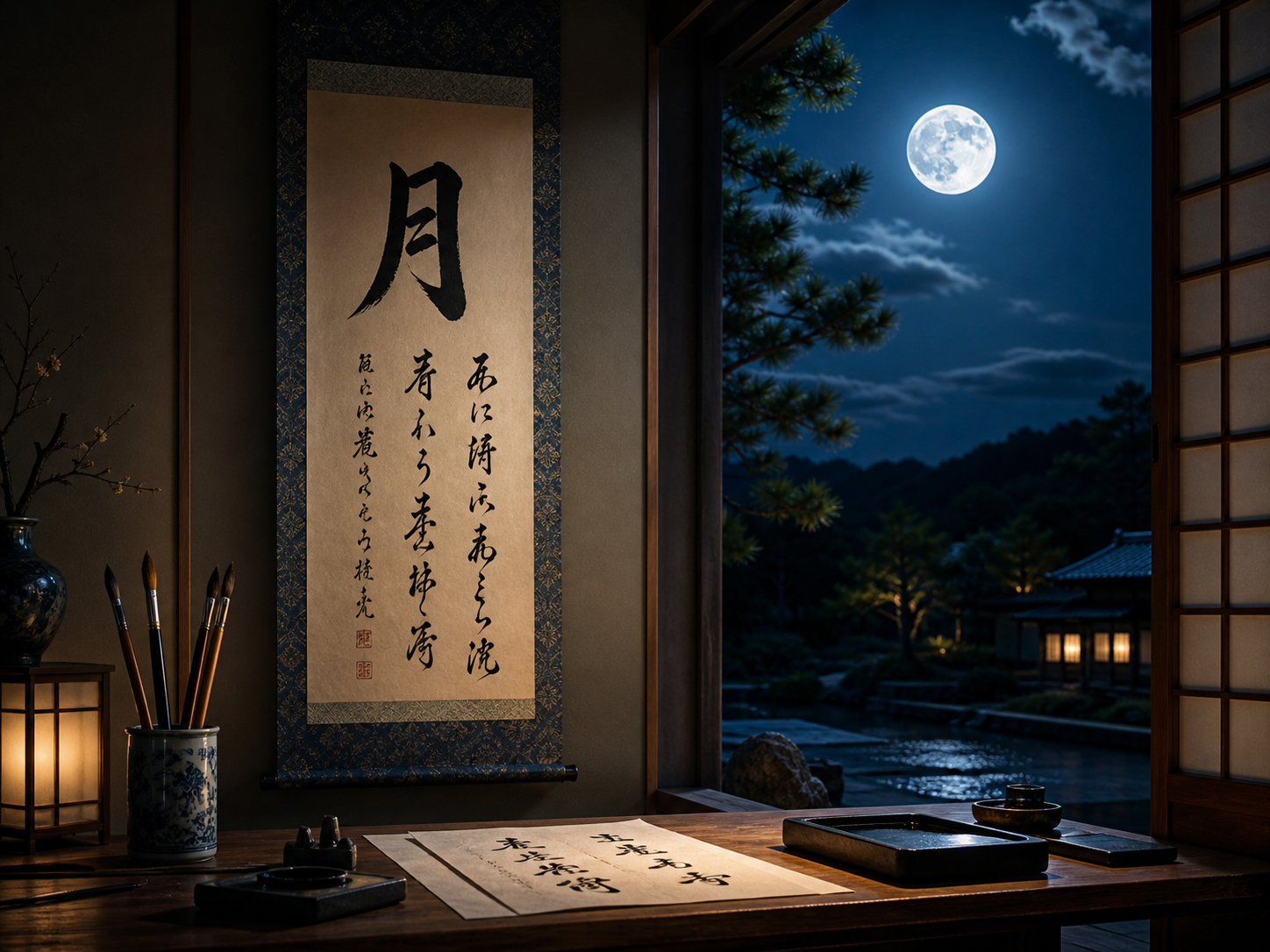満月、筆、和紙、月の語彙を書いた巻物を配した日本語と月の美しい編集的情景