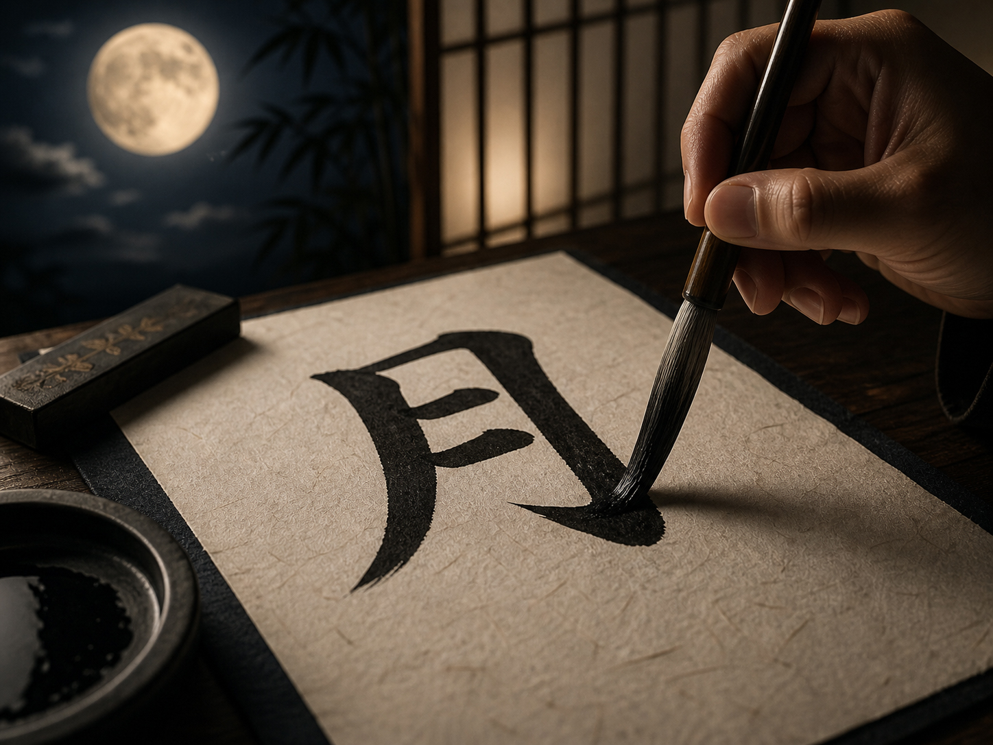 和紙に筆で書かれた月の漢字と満月を重ねた日本語の美を象徴する画像