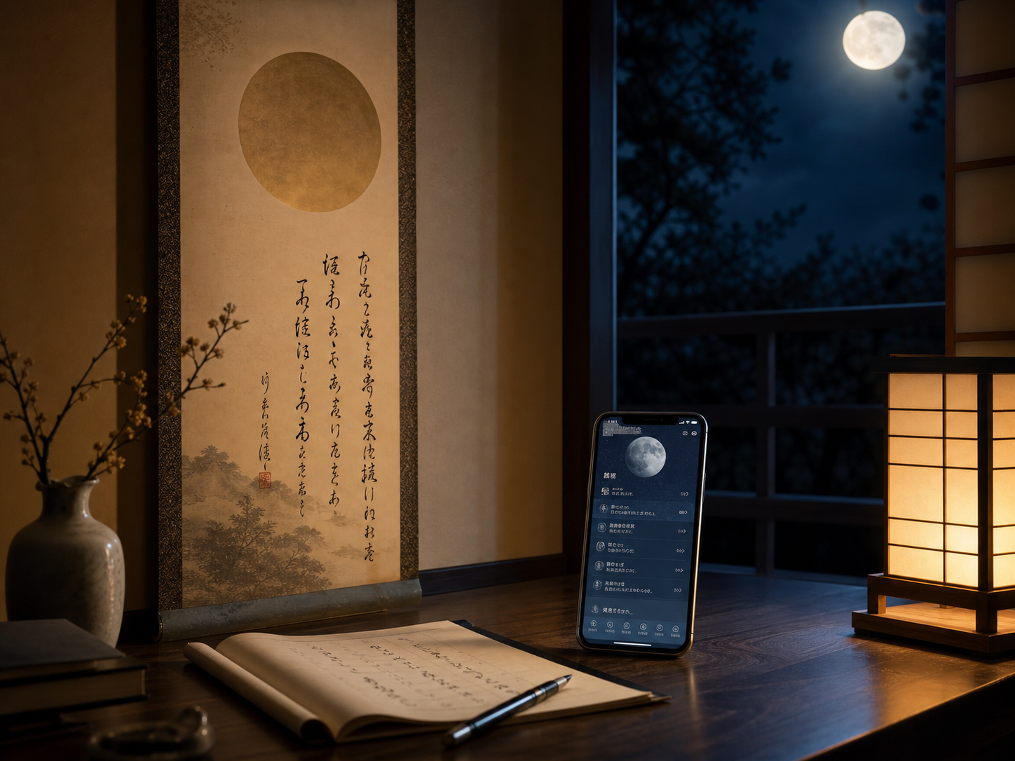 スマートフォンの月齢表示と古い月の語彙を書いた巻物を並べた現代と古典の月のイメージ