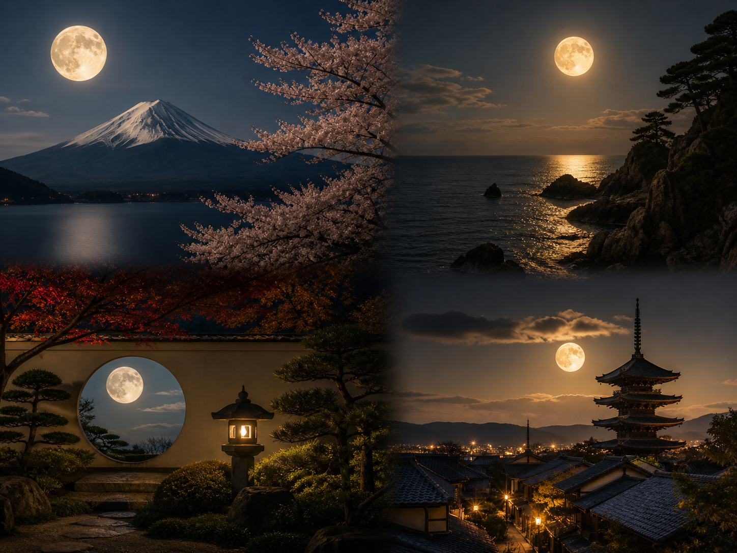 山、海、庭、古都に現れる月を四つの場面で見せる日本語と場所の編集画像