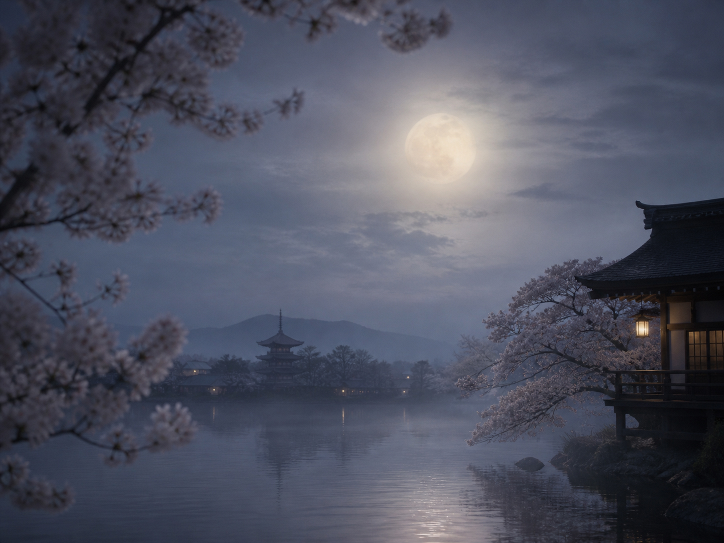 春霞の中にやわらかくにじむ朧月を描いた日本的な夜景