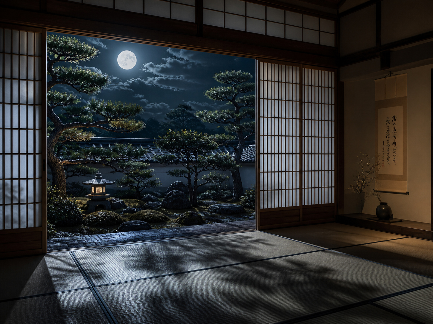 障子、庭石、松の枝に落ちる月影を描いた静かな日本の夜の情景