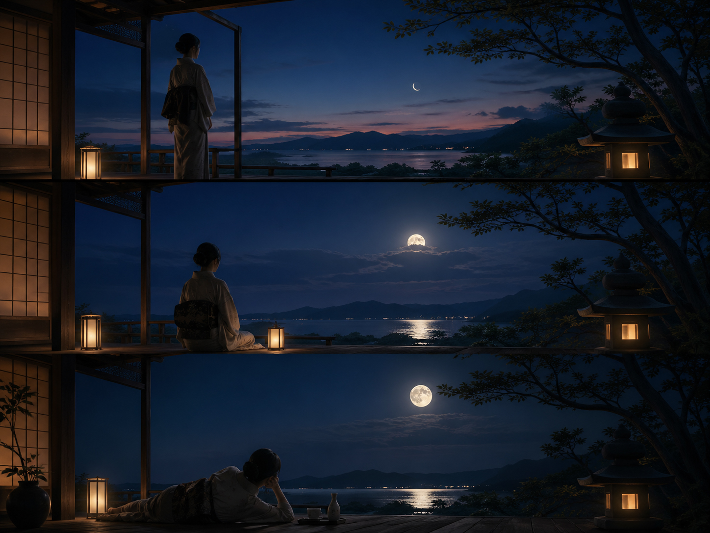 立って待つ月、座って待つ月、寝て待つ月を静かな日本家屋の夜で表現した連作風画像