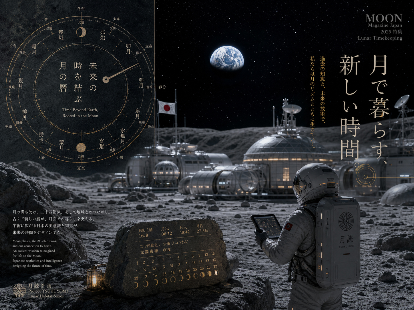 月面基地、地球の出、未来の月面暦を象徴する科学と文化の編集画像