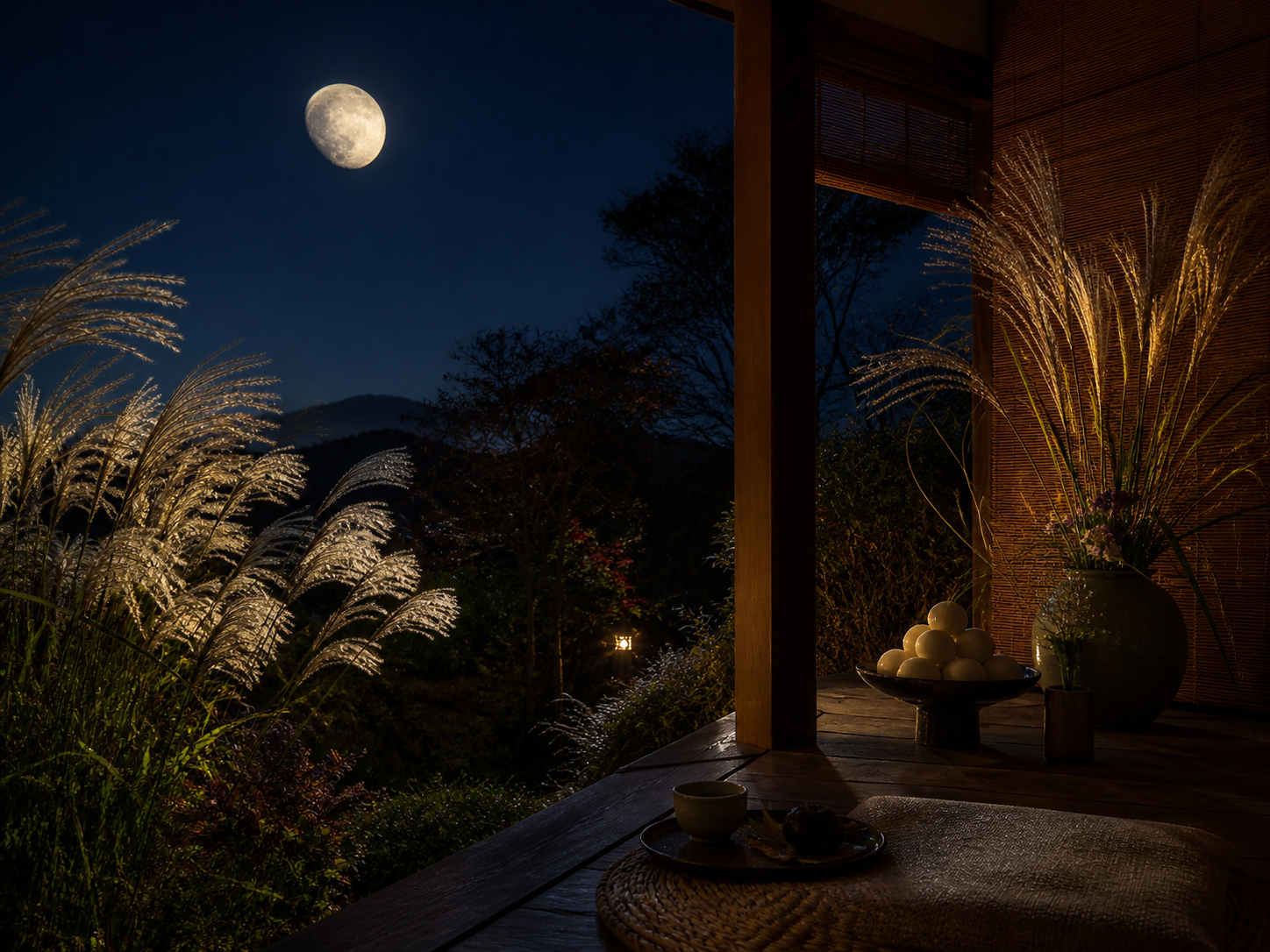 十三夜の月、秋草、和紙の暦、静かな縁側を描いた日本的な月見の情景