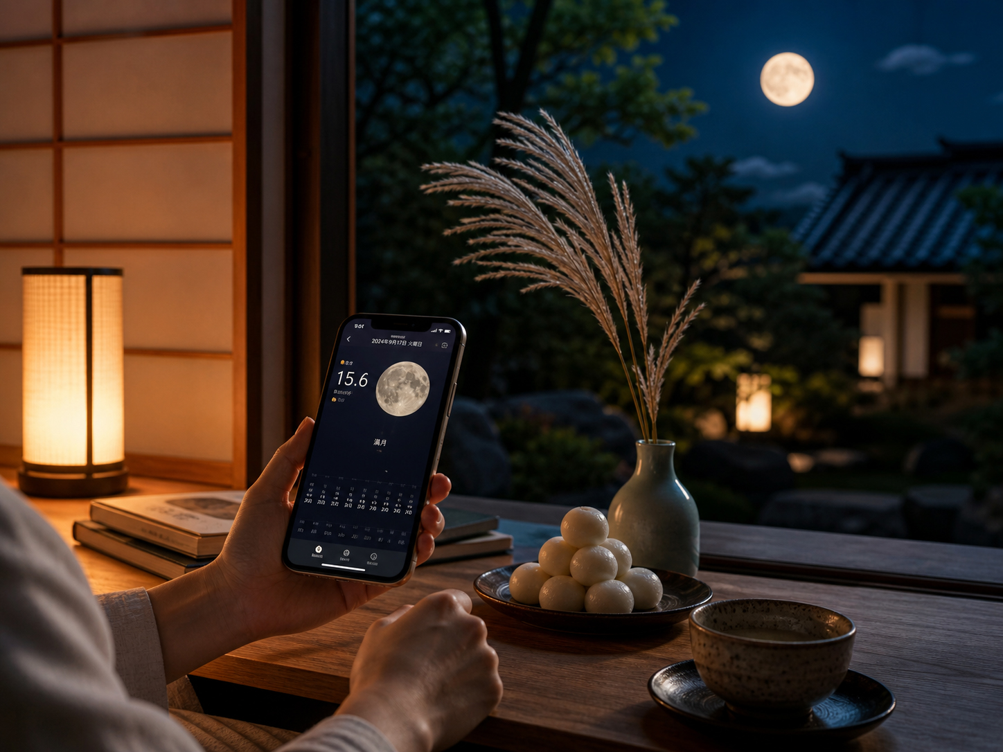 スマートフォンの月齢表示と月見の縁側を重ねた現代生活と旧暦の編集画像