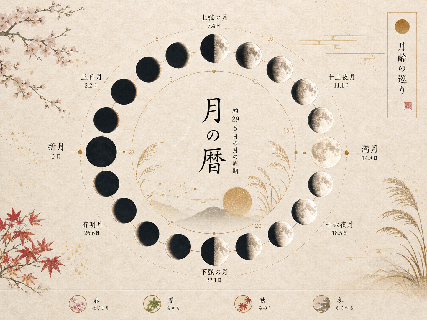 月齢一から二十九までの月相を和紙の暦として美しく示した画像