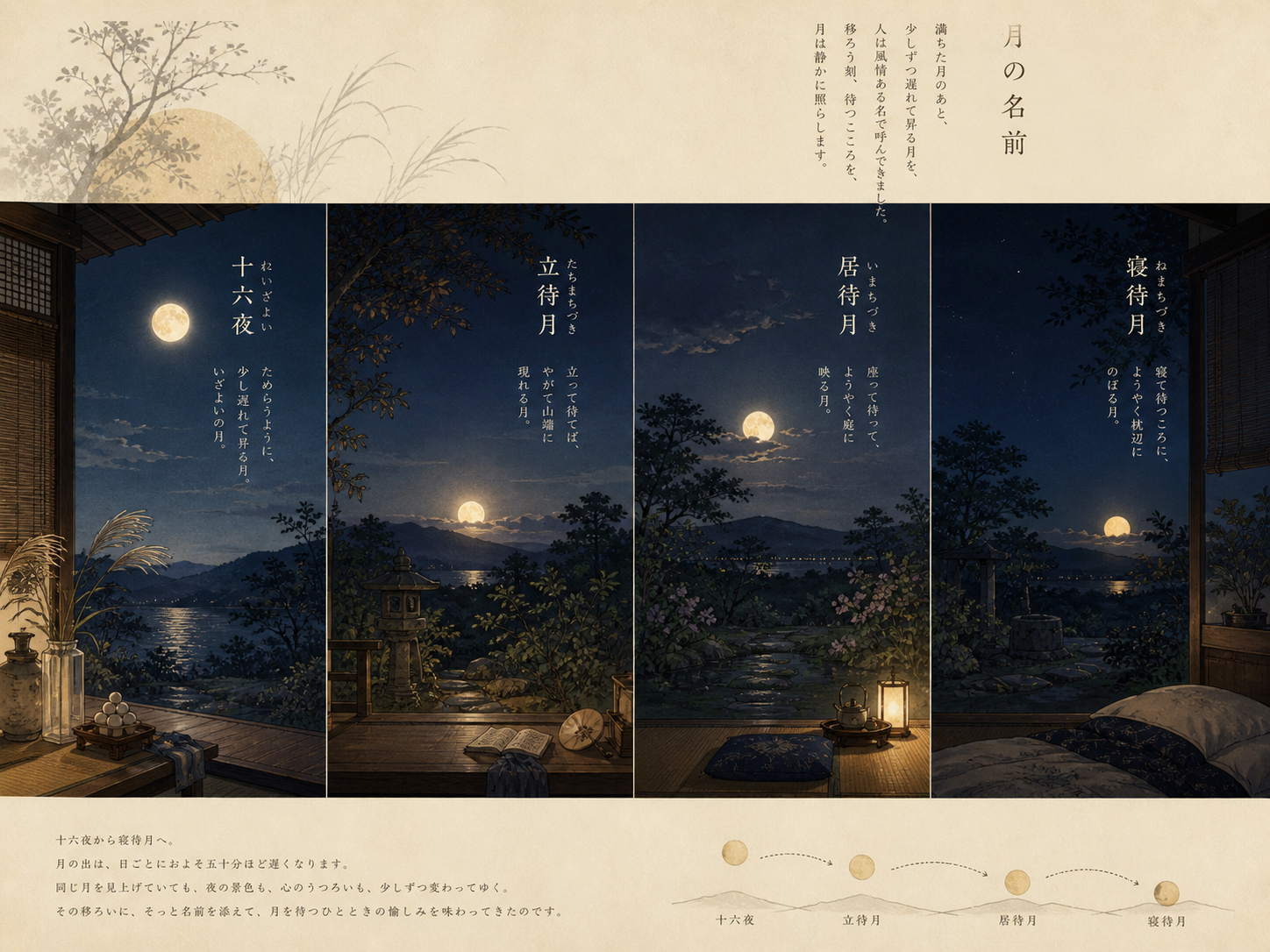 十六夜、立待月、居待月、寝待月の月の出を日本家屋とともに示す連作風画像