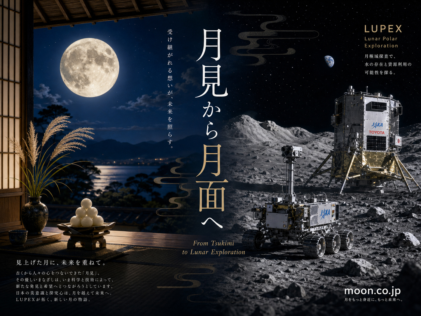 日本の月見文化と最先端の月探査を一つの流れとして結ぶ編集的なビジュアル