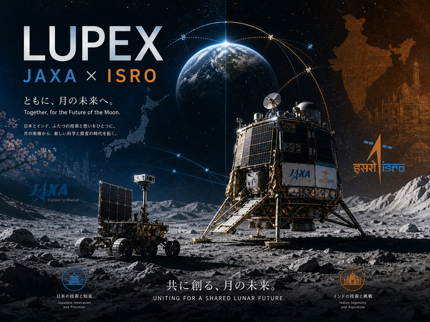 JAXA、ISRO、NASA、ESAの協働を象徴する国際月探査の編集ビジュアル