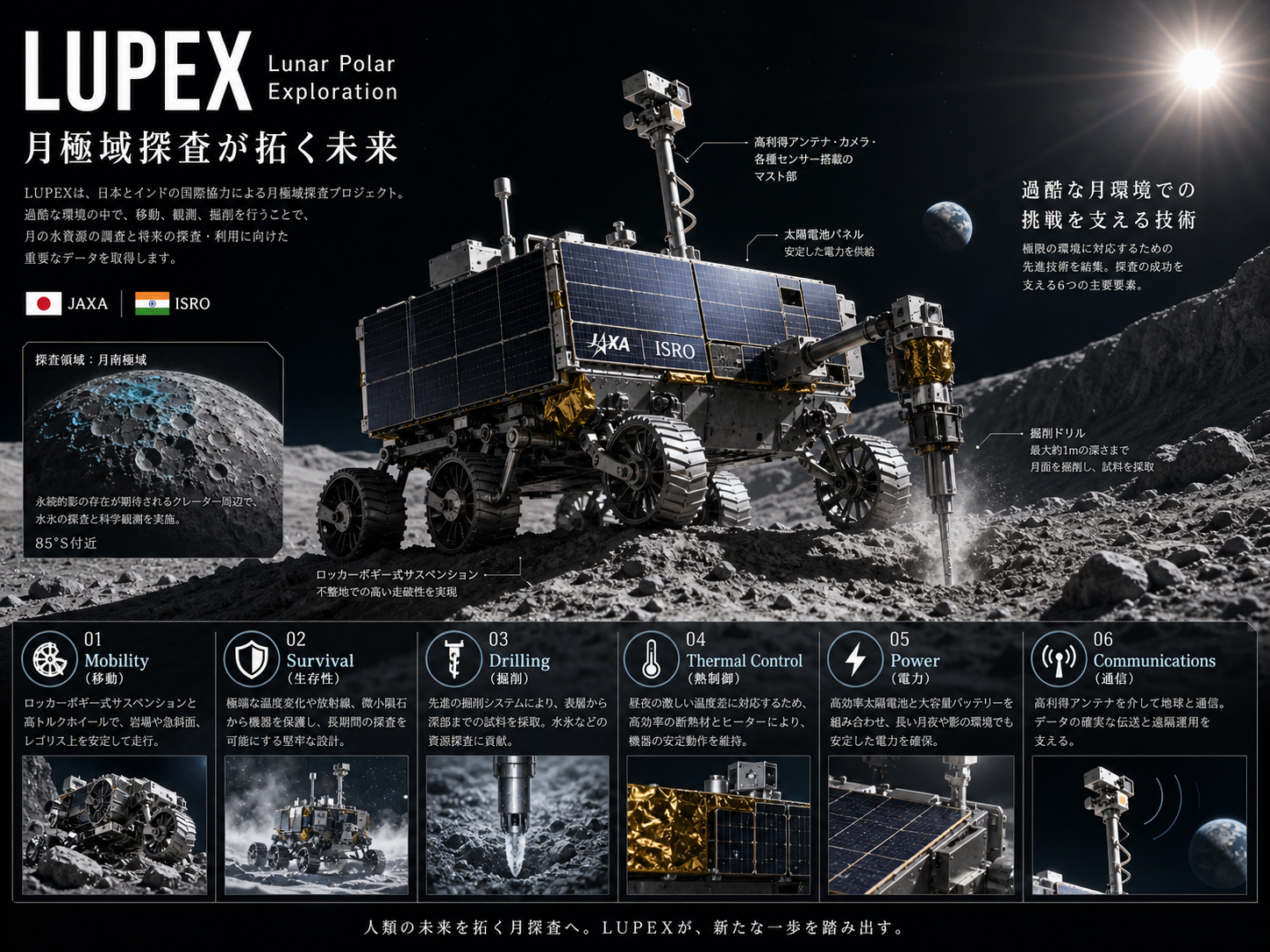 移動・越夜・掘削というLUPEXの技術的核心を示す未来志向の編集画像