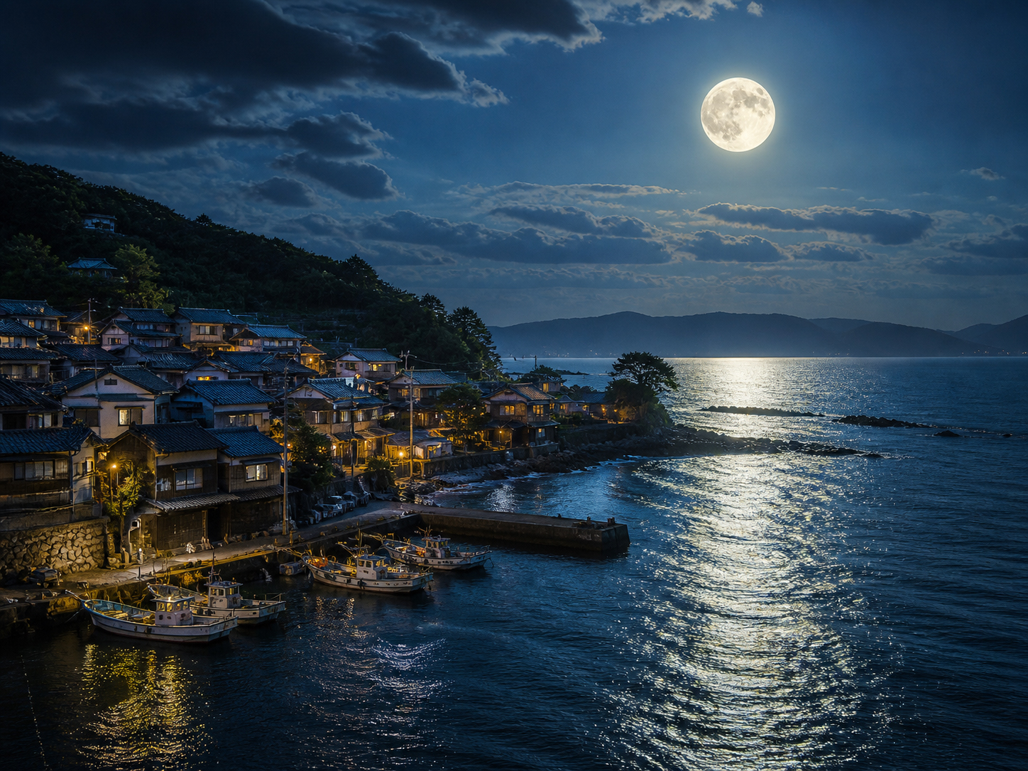 満月の下、日本の漁村と港、潮の満ち引き、海面に伸びる月光を描いた静かな夜景
