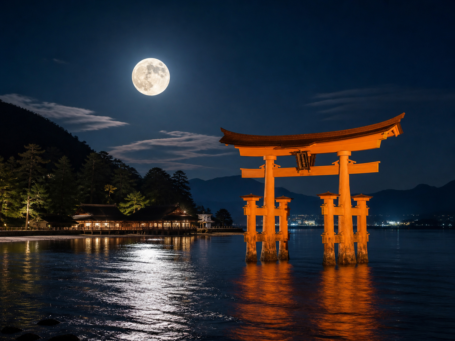 宮島の大鳥居、満月、潮の満ちる海を描いた信仰景観としての月夜
