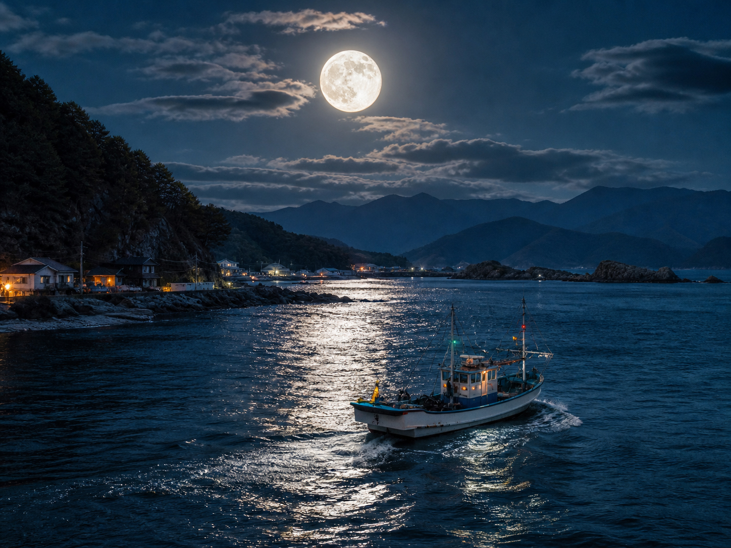 満月の夜、海岸線と小舟を照らす月明かり、夜の航海を象徴する風景