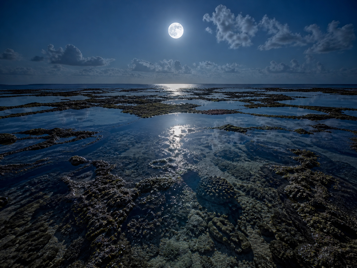沖縄の珊瑚礁、干潮の浅瀬、満月の銀色の光を描いた南国の月夜