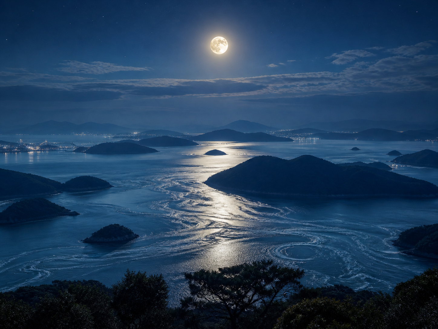 瀬戸内海の島々、海峡の潮流、満月の光を描いた日本の海景