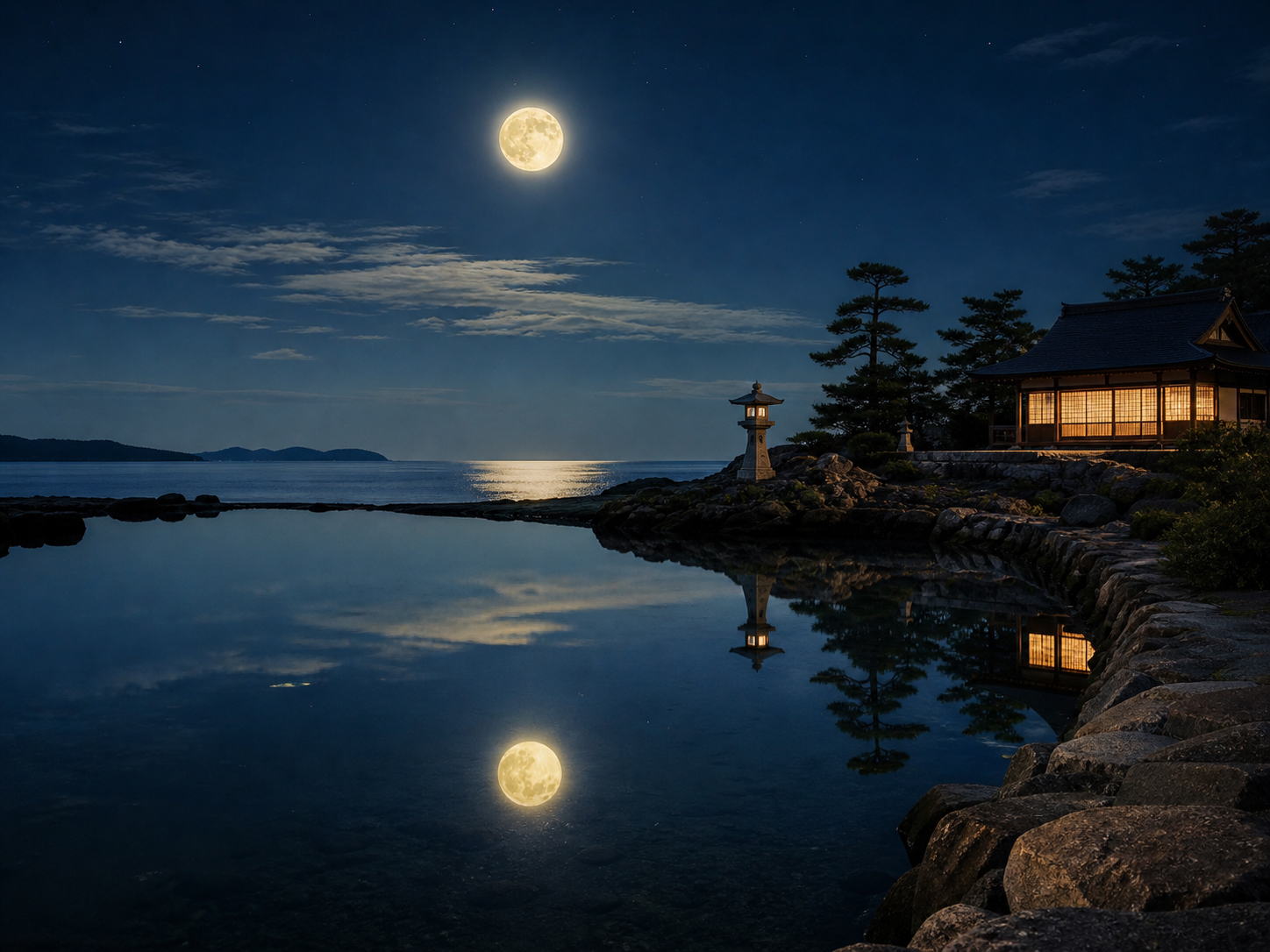 空の満月と海面に揺れる月光、二つの月を象徴する日本の海辺の夜景